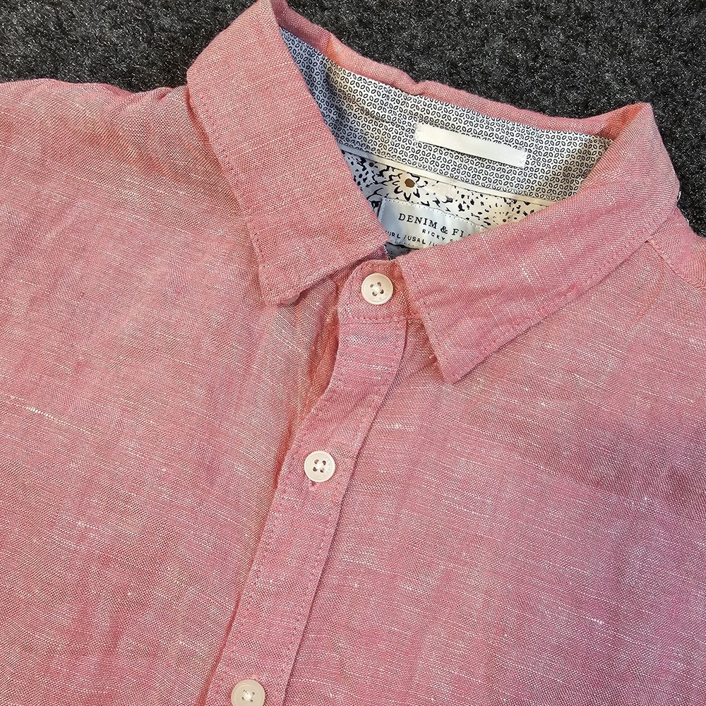 Denim & Flower Ricky Singh Linen Shirt Mens Large Coral Pink Short Sleeve Button